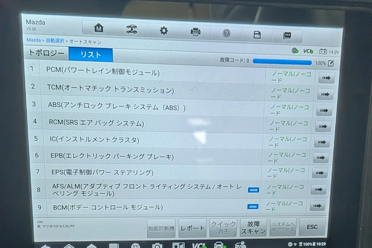 車両に接続して全システムスキャンを表示している診断機